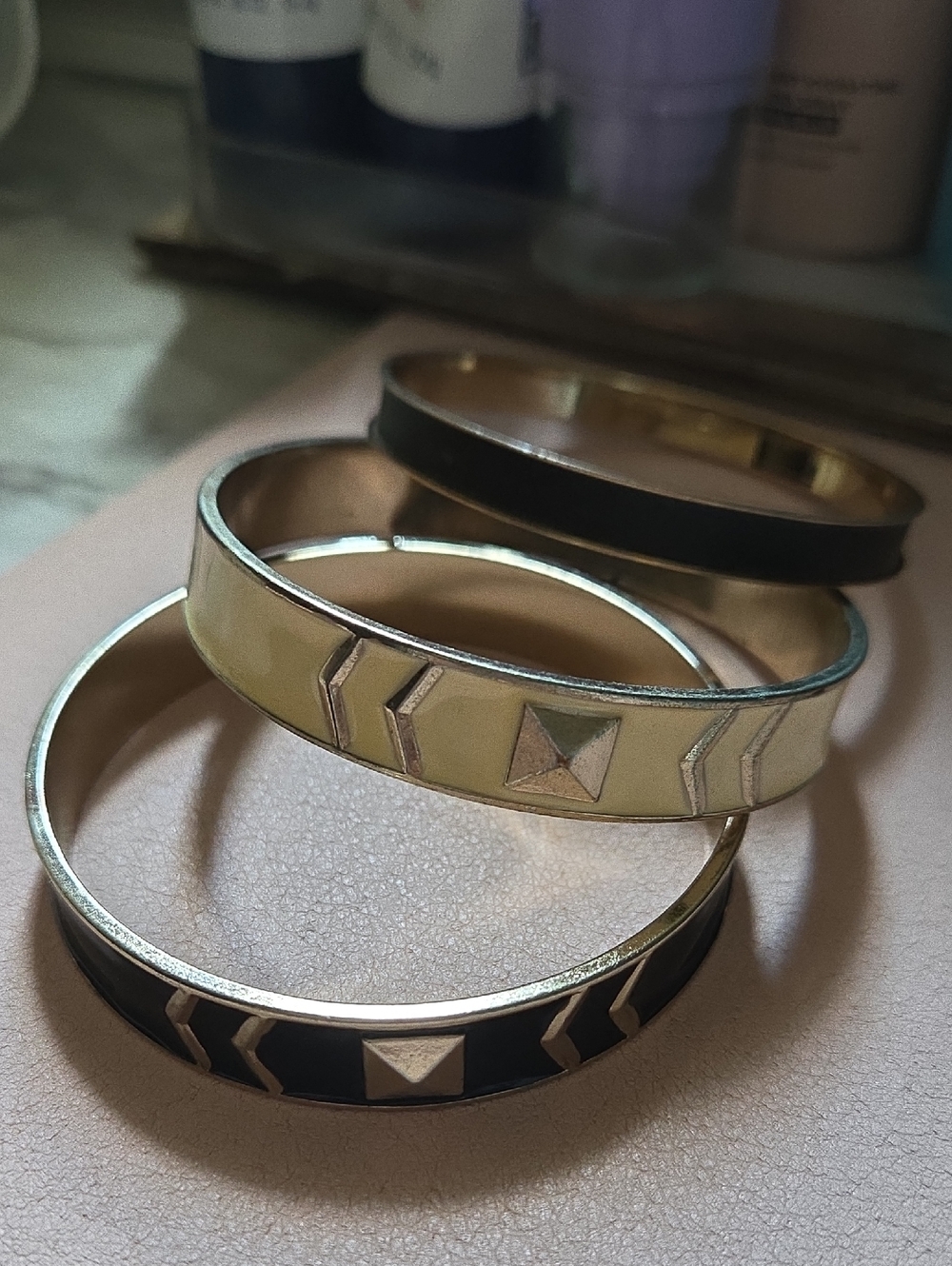 Set of 3 Gold Tone Enamel Bangle Bracelets - Black & Cream